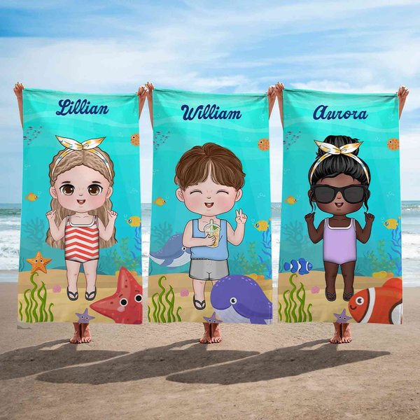 Personalized Cartoon Kid Character Marine Theme Oversized Quick Dry Beach Towel with Name, Summer Vacation Accessories, Birthday Gift for Boys/Girls