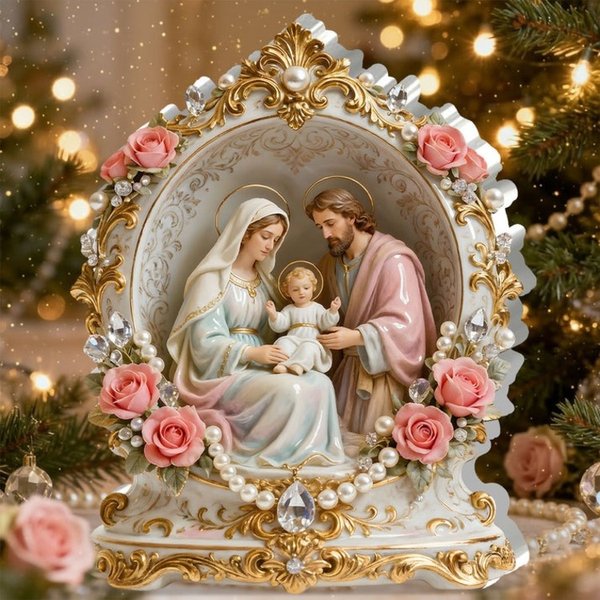 Divine Elegance Holy Family Decor, Luxury Crystal Acrylic Plaque with Pink Roses, Pearls & Gold Trim on Ornate Base