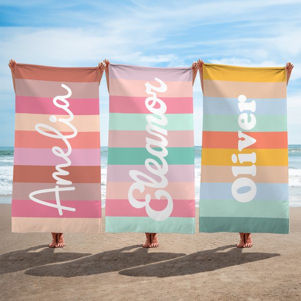 Personalisierte bunte klassische Streifen überdimensioniert schnell trockenes Strandtuch mit Namen Reise Essentials Sommer Urlaub Party Geschenk für Familie Freund