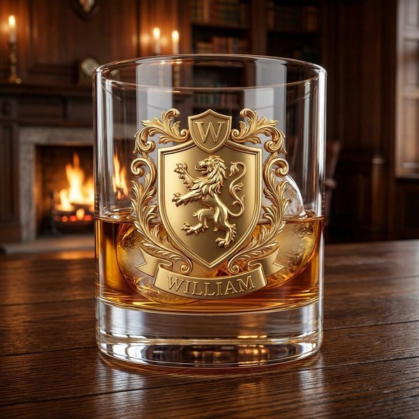 Personalisiertes Whiskeyglas mit Namen - Individuell gravierter Löwe & Adler Design Rocks Tumbler, Premium Geschenk für Scotch & Bourbon Liebhaber