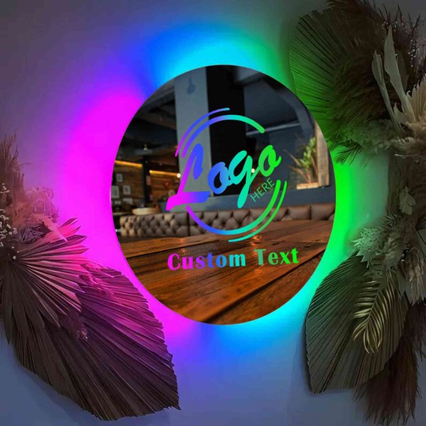 Enseigne personnalisée avec logo en miroir et rétro-éclairage LED RGB - Enseigne personnalisée en miroir rond avec texte personnalisé pour les entreprises, les événements et la décoration d'intérieur