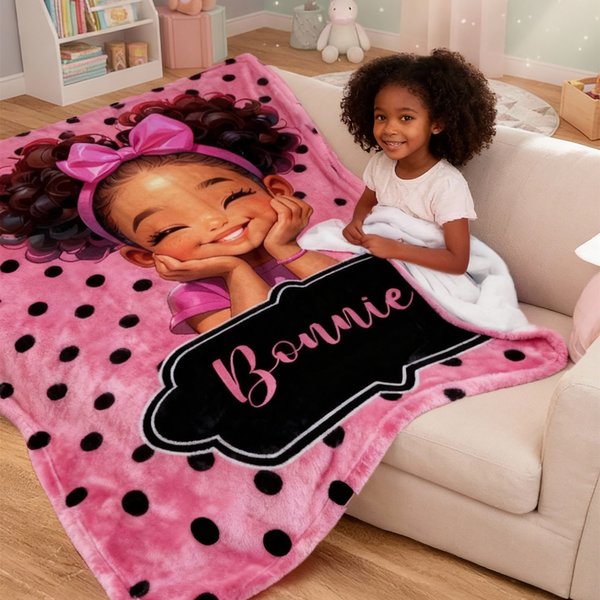 Personalized Polka Dots Cute Cartoon Little Girl Blanket with Name, Flannel/Sherpa Soft Bed Couch Throw, Home Decor, Birthday/Christmas Gift for Girls