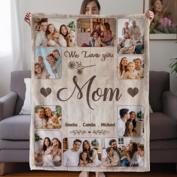 Couverture personnalisée avec 10 photos de famille et 1 à 8 noms et textes Décoration de la maison Fête des mères Fête des pères Cadeau d'anniversaire pour Maman Grand-mère Papa