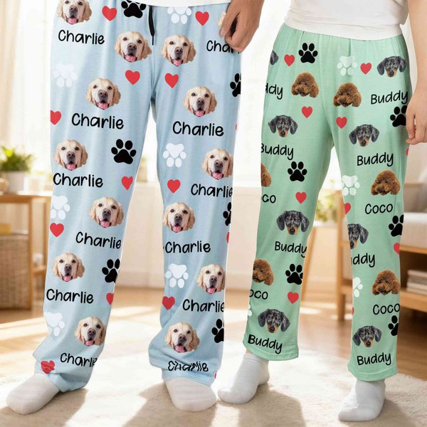 Personalized 1-4 Pet Face Photos Paw Print Multicolor Kid Woman Man Pajama Pants with Drawstring Daily Wear Birthday Gift for Pet Lovers