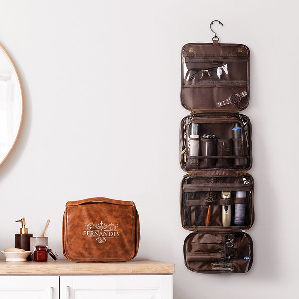 Trousse de toilette suspendue en cuir PU multi-compartiments amovible avec nom gravé Voyage essentiel Anniversaire Cadeau d'anniversaire pour homme