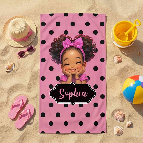 Personalized Cartoon Black Girl Beach Towel with Name, Soft and Skin-Friendly, Birthday Gift for African American Little Girl