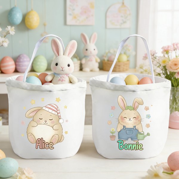 Personalized Easter Rabbit Egg Hunt Basket with Name, Custom Easter Bunny Decor & Children's Easter Party Favor
