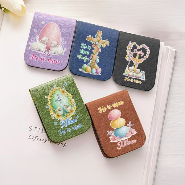 Personalized He Is Risen Cross Sheep Bookmark with Name, Leather Magnetic Bookmark Clip, Reading Supplies, Easter Gift for Book Lovers/Boys/Girls