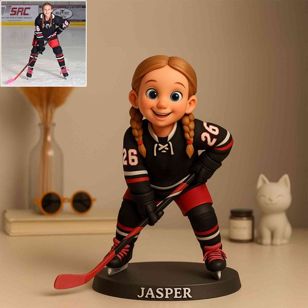 Photo de hockey sur glace personnalisée Figure de style bande dessinée avec nom, décoration de bureau, cadeau pour les amateurs de hockey sur glace