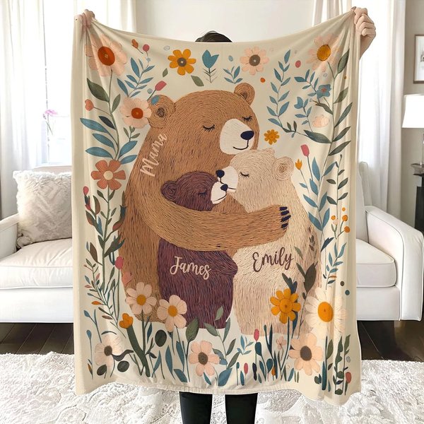 Personalized Family Bear Floral Blanket with 1-7 Kids' Names, Boho Wildflowers Mom Bear Quilt, Birthday/Mother's Day Gift for Mom/Grandma