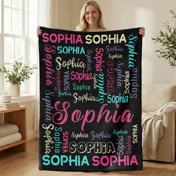 Couverture personnalisée multicolore avec nom et nuage de mots Cadeau d'anniversaire pour la famille et les amis
