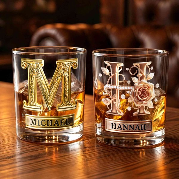 Personalized Rose Alphabet 10 oz Whiskey Glass with Name Valentine's Day Gifts for Couple Whiskey Lover