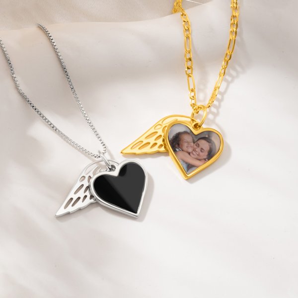Personalized Heat-Activate Hidden Photo Angel Wing Heart Necklace with Engraved Text Memorial Sympathy Gift for Women