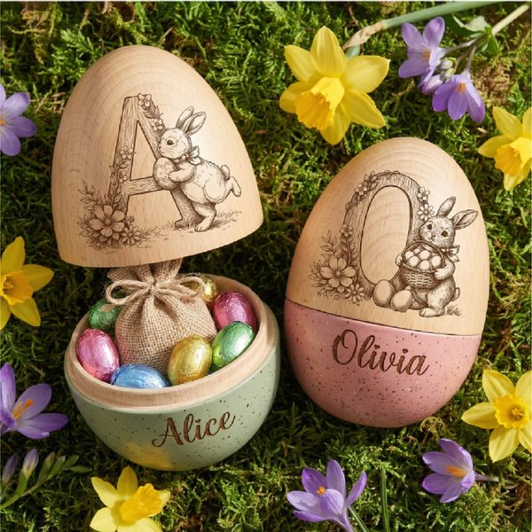 Personalized Bunny Floral Wooden Easter Egg with Name and Initial, Reusable Large Hollow Speckled Easter Keepsake, Basket Filler, Easter Gift for Kids