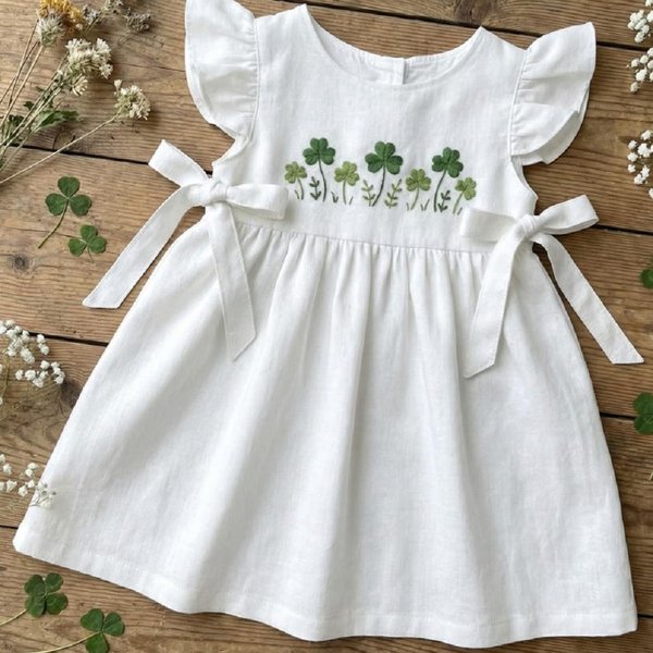 Personalized Embroidered Shamrocks Kid Dress with Name, St Patrick's Day Irish Linen Dress, Patrick's Day/Birthday Gift for Girls