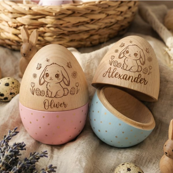 Œuf de Pâques en bois creux personnalisé, œuf gravé au nom du lapin, panier de Pâques, premier cadeau de Pâques pour bébé et boîte à souvenirs réutilisable.