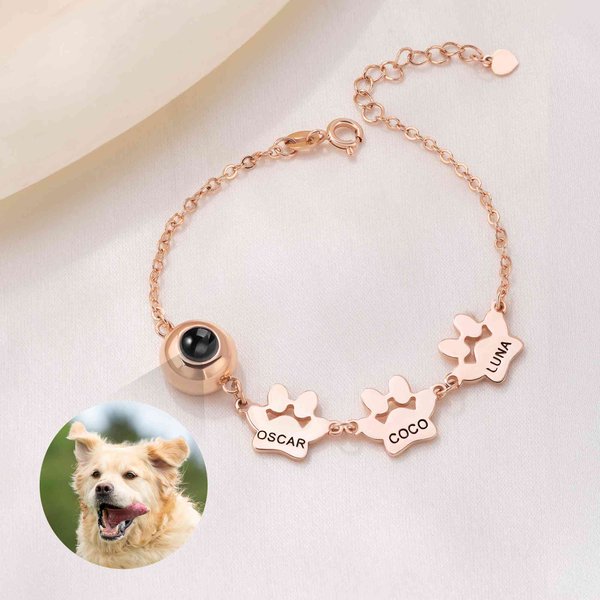 Personalized Paw Print Design Photo Projection Bracelet with 1-5 Names Dainty Jewelry Pet's Day Birthday Gift for Women Pet Lovers Owners