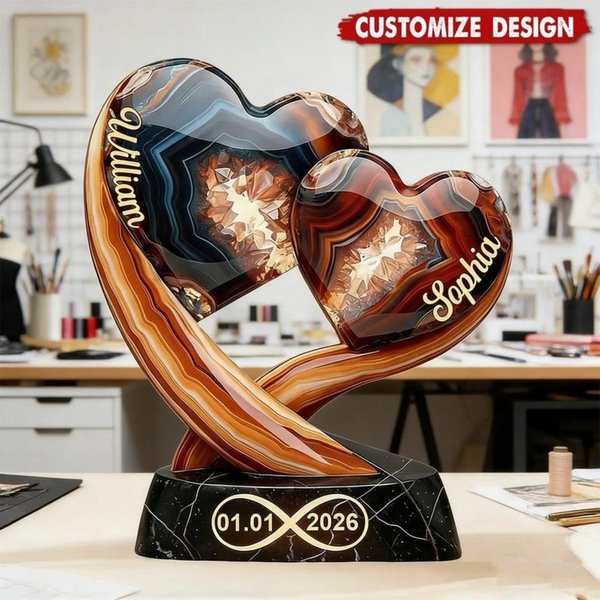 Plaque Personnalisée Couple Deux Coeurs Un Amour, Plaque Couple Nom Personnalisé, Cadeau Anniversaire de Mariage/Jour de la Saint Valentin pour Couple
