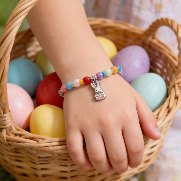 Personalized Easter Bunny Beaded Bracelet, Colorful Bunny Charm Bracelet, Custom Name on Back, Kids Easter Gift
