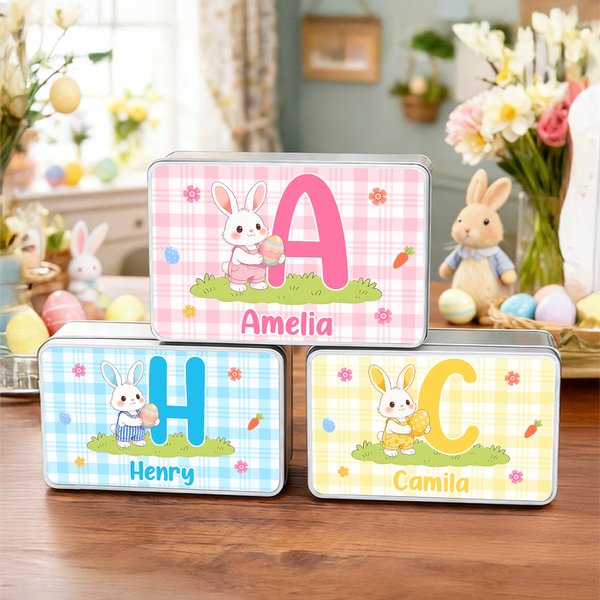 Personalized Cute Easter Bunny Multicolor Biscuit Tin Box with Name Initial Easter Party Gift for Kids
