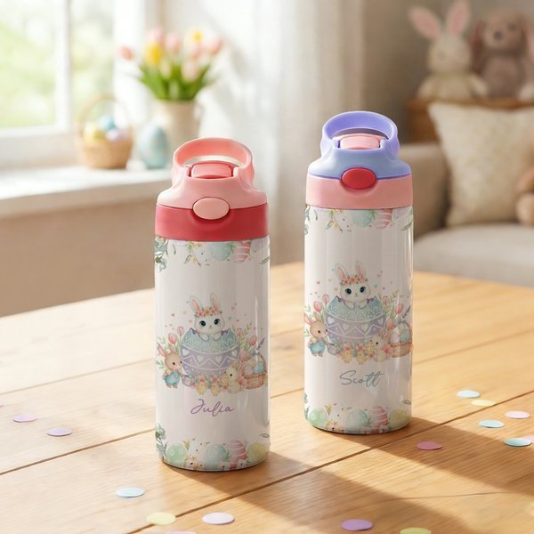 Personalized Flower Easter Egg Cute Bunny Name 12 oz Kid Insulated Water Bottle with Handle and Silicone Straw Easter Birthday Gift for Boys Girls