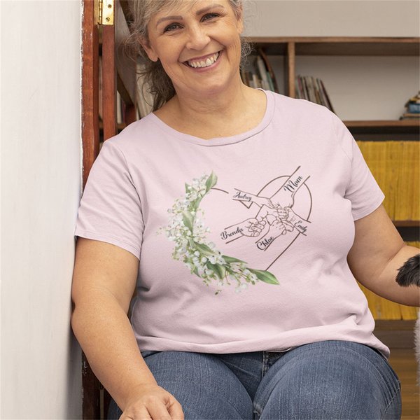 Personalized Birth Flower Heart Hands in Hands Multicolor 100% Cotton T-shirt with Names Mother's Day Holiday Gift for Moms Grandmother