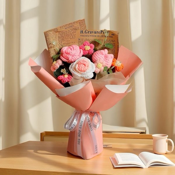 Bouquet de roses au crochet personnalisé avec couleur et message, cadeau floral tricoté à la main pour elle, fête des mères/professeur/mariage, fleur éternelle
