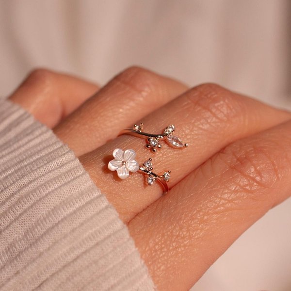 Personalized Birth Flower Ring with Birthstone, Mother of Pearl Sakura Adjustable Ring, Dainty Jewelry, Birthday/Anniversary Gift for Her