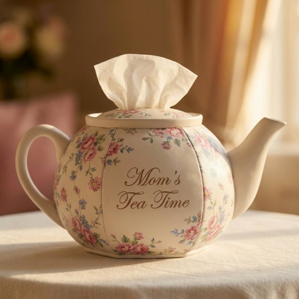 Personalized Floral Decorative Teapot Tissue Box Cover with Name, Vintage Tea Lover Home Decor, Mother's Day Gift for Mom/Grandma