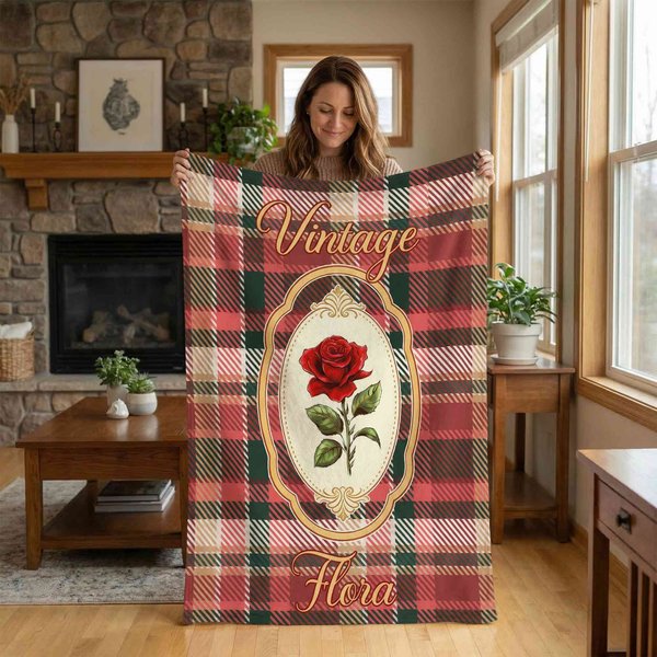 Personalized Vintage Birth Flower Blanket with Name, Soft Home Flannel Blanket, Mother's Day Gift, Birthday Gift, Gift for Her