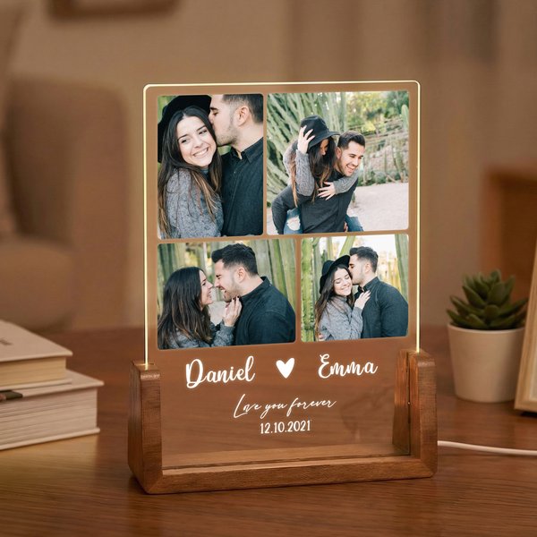 Personalized Romantic Couple Photos Collage Acrylic LED Night Light with Names and Wooden Base Home Decor Wedding Anniversary Birthday Gift for Couple