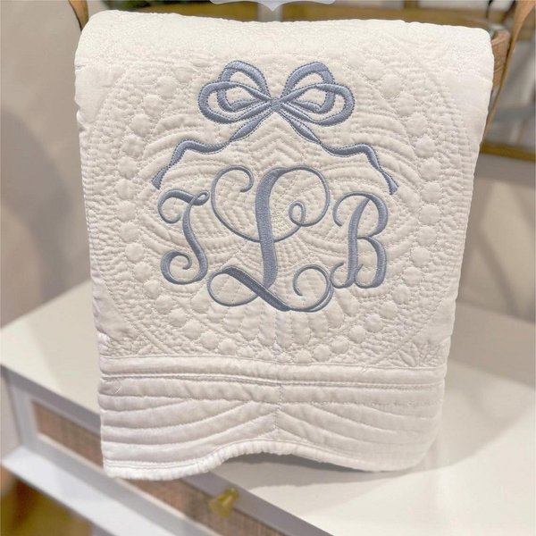 Personalized Embroidered Baby Blanket with Coquette Bow Monogram, Cotton Heirloom Quilt, Nursery Decor, Baby Shower/Birthday Gift for Baby