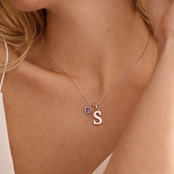 Personalized Initial Pendant Necklace with Heart Birthstone Dainty Jewelry Anniversary Birthday Gift for Women