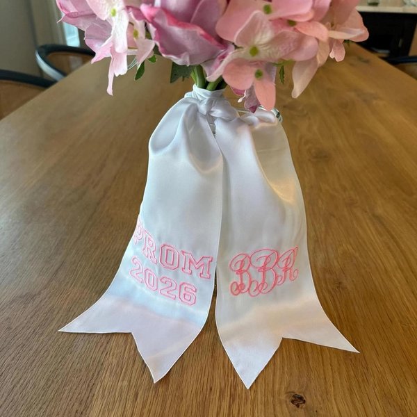 Personalized Prom Bouquet Ribbon with Monogram, Prom 2026 Satin Sash, Graduation Keepsake, Gift for Graduates/Classmates/Students
