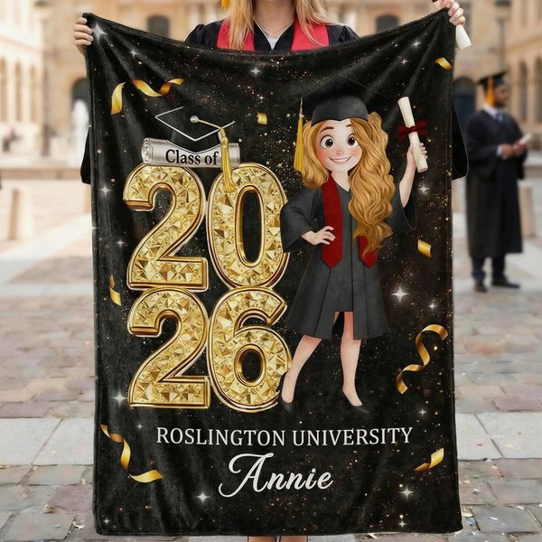 Personalized Cartoon Graduation Character Soft Throw Blanket with Year and Name Graduation Gift for Graduates