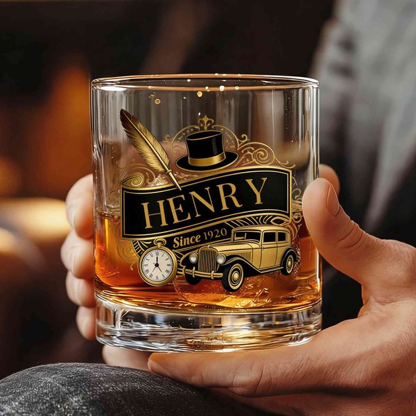 Personalized Retro Golden Age Whiskey Glass with Name, Unique Father's Day/Birthday Gift for Men/Whiskey Lovers