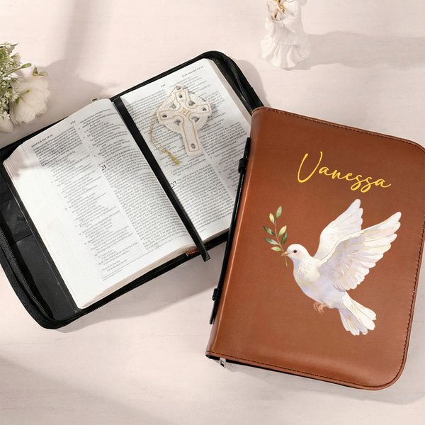 Personalized Multicolor Christian Pattern PU Leather Bible Book Cover with Name Zipper and Carry Handle Baptism Religious Holiday Gift for Christians