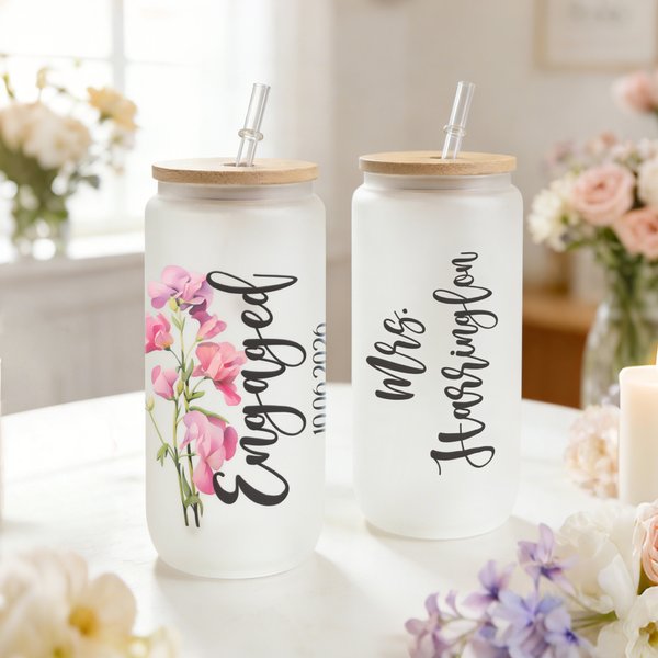 Personalized Birth Flower Text Date 20 oz Frosted Glass Cup with Straw and Lid Wedding Anniversary Engagement Gift for Bride Women