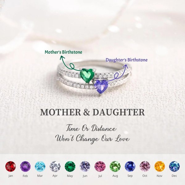 Personalized Two Heart-Shape Birthstone Double Band Ring, Mother Daughter Time Won't Break Our Bond, Valentine's Day gift, Mother's Day Gift