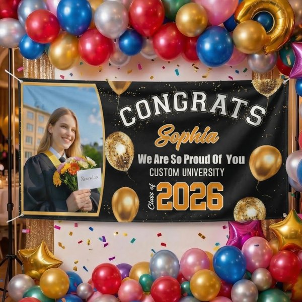 Personalisierte Gratulation Foto goldenen Ballon Graduierung Banner mit Namen Schule Name und Jahr Party Dekoration Graduierung Geschenk für Absolventen