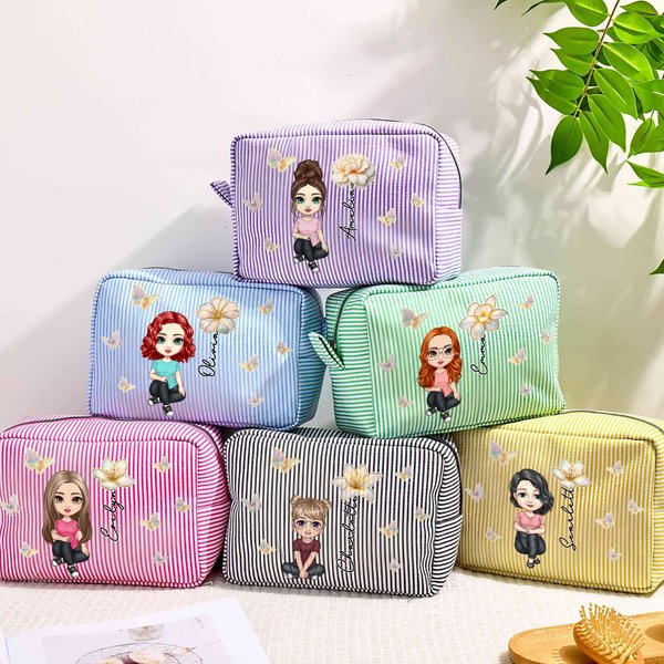 Personalisierte Multicolor Geburt Blume Cartoon Charakter gestreift Make-up-Tasche mit Namen tägliche Reise wesentliche Geburtstag Muttertag Geschenk für Frauen