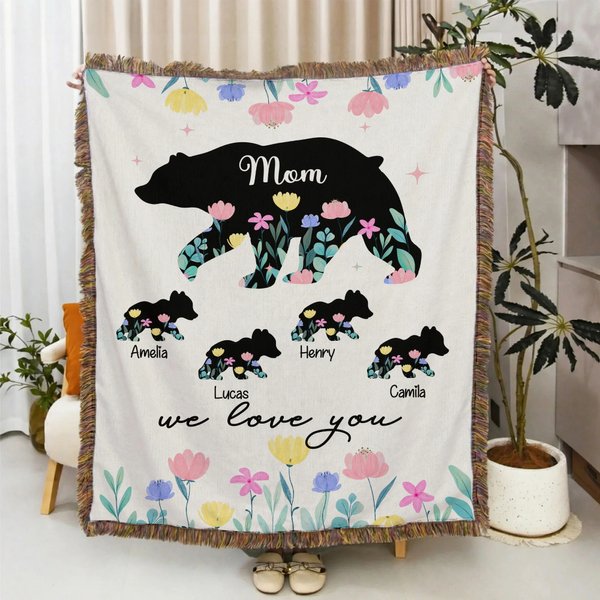 Personalized Family Bears Flower Soft Throw Blanket with Tassels 1-8 Names and Title Home Decor Birthday Mother's Day Gift for Mom Grandma