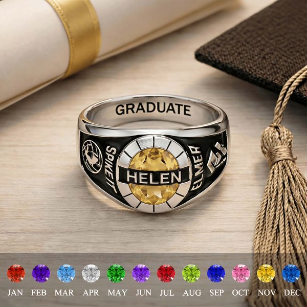Personalized Engraved Name Graduation Class Ring with Birthstone & Logo, Class of 2026 Graduation Jewelry, Gift for Graduates