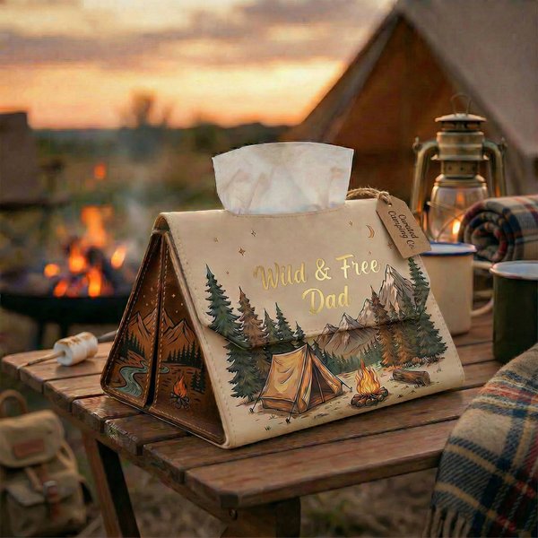 Personalisierte Camping Zelt Leder Tissue Box Cover mit Gold Text Vatertag Geburtstag Geschenk für Vater Ehemann Camping Liebhaber