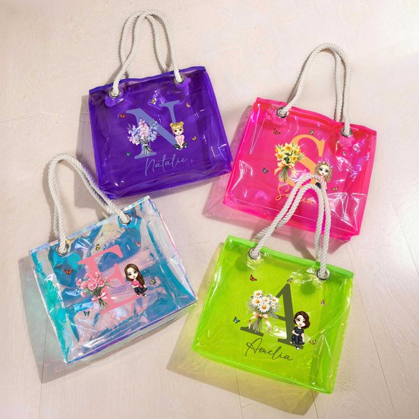 Personalized Neon Birth Flower Bouquet Cartoon Character Clear Tote Bag with Name Initial Birthday Anniversary Gift for Women Girl