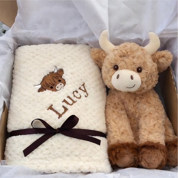 Personalized Highland Cow Baby Blanket and Toy Gift Set with Embroidered Name Baby Shower Birthday Gift for Newborns Babies