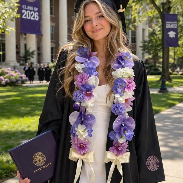 Personalized Handmade Pastel Floral & Pearl Graduation Lei with Ribbon Flowers & Bow, Commencement Day Gift for Graduate