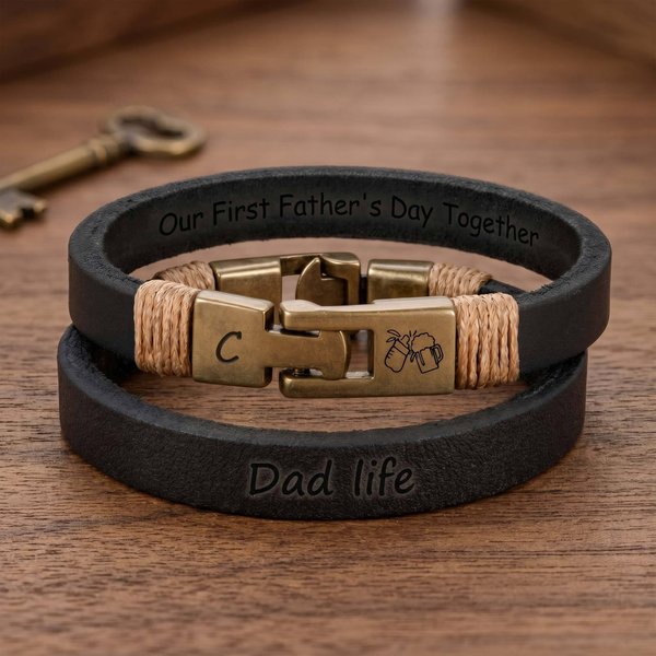 Personalized Leather Bracelet for Dad with Engraved Fist Bump or Beer & Baby Bottle, Father's Day Gift for New Dad