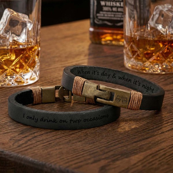 Personalized Leather Bracelet with Cheers Icon & Custom Text, Birthday/Father's Day Gift for Whiskey/Beer Lovers