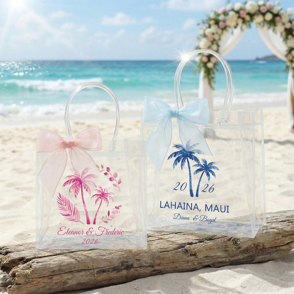 Personalisierte Palmen Transparente Geschenktaschen mit Namen Jahr und Schleife Band, klare PVC-Tasche, Bridal Shower Party Favor, Hochzeit Geschenk für Brautjungfer